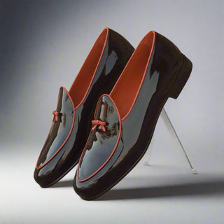 Ambrogio Handmade Men's Handmade Custom Shoes Black Patent Leather Belgian Loafers (AMB1769)-AmbrogioShoes