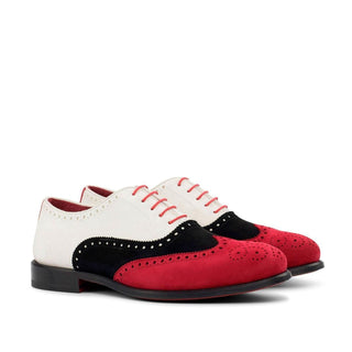 Ambrogio Handmade Men's Handmade Custom Shoes Black, Red & White Suede Leather Full Brogue Oxfords (AMB1718)-AmbrogioShoes