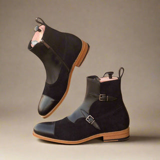 Ambrogio Handmade Men's Handmade Custom Shoes Black Suede / Calf-Skin Leather Atticus Double Boots (AMB1449)-AmbrogioShoes