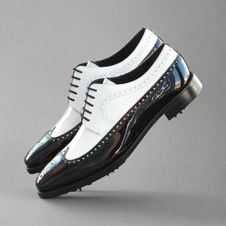 Ambrogio Handmade Men's Handmade Custom Shoes Black & White Patent Leather Longwing Blucher Golf Oxfords (AMB1395)-AmbrogioShoes