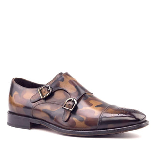 Ambrogio Handmade Men's Handmade Custom Shoes Brown Camo Patina Leather Monk-Straps Loafers (AMB1751)-AmbrogioShoes