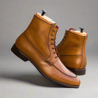 Ambrogio Handmade Men's Handmade Custom Shoes Brown & Cognac Calf-Skin Leather Moccasin Boots (AMB1604)-AmbrogioShoes