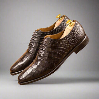 Ambrogio Handmade Men's Handmade Custom Shoes Brown Crocodile Print / Calf-Skin Leather Whole Cut Oxfords (AMB1709)-AmbrogioShoes