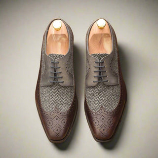 Ambrogio Handmade Men's Handmade Custom Shoes Brown & Gray Fabric / Calf-Skin Leather Longwing Oxofrds (AMB1588)-AmbrogioShoes