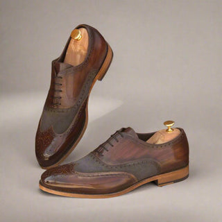 Ambrogio Handmade Men's Handmade Custom Shoes Brown & Gray Lux Suede / Patina Leather Brogue Oxfords (AMB1481)-AmbrogioShoes