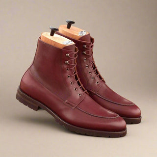 Ambrogio Handmade Men's Handmade Custom Shoes Burgundy Calf-Skin Leather Moccasin Boots (AMB1607)-AmbrogioShoes