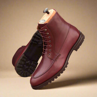 Ambrogio Handmade Men's Handmade Custom Shoes Burgundy Calf-Skin Leather Moccasin Boots (AMB1607)-AmbrogioShoes