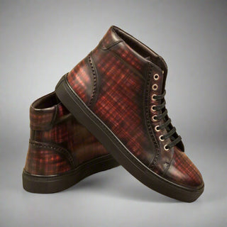 Ambrogio Handmade Men's Handmade Custom Shoes Burgundy Patina Leather Casual Sneakers (AMB1469)-AmbrogioShoes