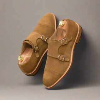 Ambrogio Handmade Men's Handmade Custom Shoes Camel Suede Leather Monk-Straps Loafers (AMB1505)-AmbrogioShoes