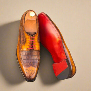 Ambrogio Handmade Men's Handmade Custom Shoes Cognac & Brown Crocodile Print / Patina Leather Longwing Blucher Oxfords (AMB1376)-AmbrogioShoes