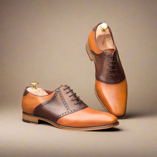 Ambrogio Handmade Men's Handmade Custom Shoes Cognac & Dark Brown Calf-Skin Leather Saddle Oxfords (AMB1477)-AmbrogioShoes