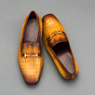 Ambrogio Handmade Men's Handmade Custom Shoes Cognac Patina Leather Slip-on Drake Horsebit Loafers (AMB1390)-AmbrogioShoes