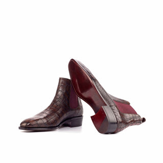 Ambrogio Handmade Men's Handmade Custom Shoes Dark Brown & Burgundy Crocodile Print / Calf-Skin Leather Chelsea Boots (AMB1809)-AmbrogioShoes