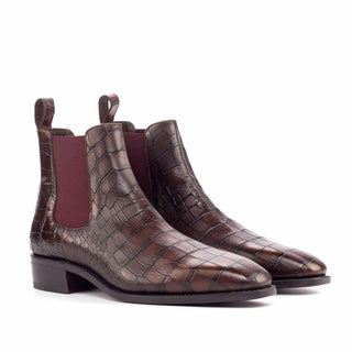 Ambrogio Handmade Men's Handmade Custom Shoes Dark Brown & Burgundy Crocodile Print / Calf-Skin Leather Chelsea Boots (AMB1809)-AmbrogioShoes