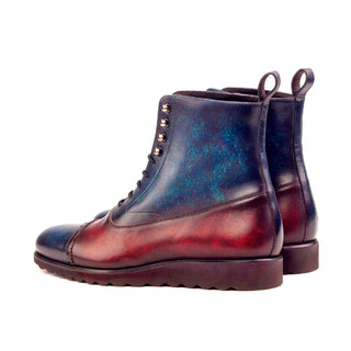 Ambrogio Handmade Men's Handmade Custom Shoes Denim Blue & Burgundy Patina Leather Balmoral Boots (AMB1379)-AmbrogioShoes