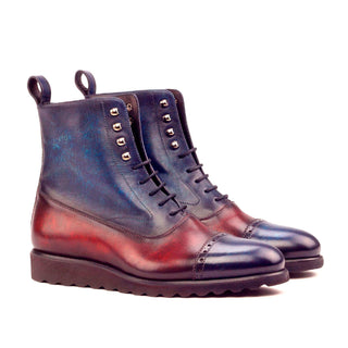 Ambrogio Handmade Men's Handmade Custom Shoes Denim Blue & Burgundy Patina Leather Balmoral Boots (AMB1379)-AmbrogioShoes