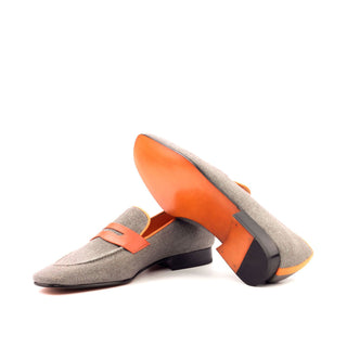 Ambrogio Handmade Men's Handmade Custom Shoes Gray & Orange Linen / Calf-Skin Leather Penny Loafers (AMB1476)-AmbrogioShoes