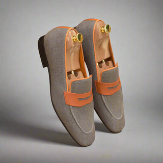 Ambrogio Handmade Men's Handmade Custom Shoes Gray & Orange Linen / Calf-Skin Leather Penny Loafers (AMB1476)-AmbrogioShoes