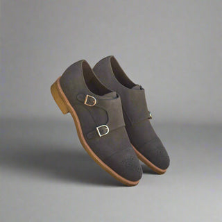 Ambrogio Handmade Men's Handmade Custom Shoes Gray Suede Leather Monk-Straps Loafers (AMB1383)-AmbrogioShoes
