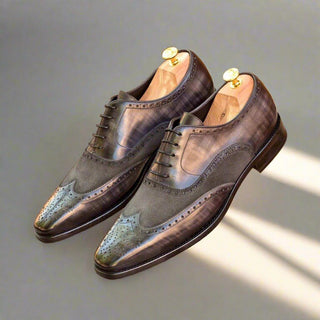Ambrogio Handmade Men's Handmade Custom Shoes Gray Suede / Patina Leather Full Brogue Wing-Tip Oxfords (AMB1328)-AmbrogioShoes