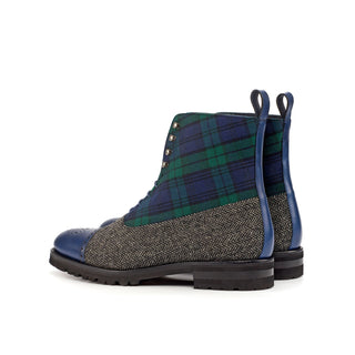 Ambrogio Handmade Men's Handmade Custom Shoes Green, Black & Navy Fabric / Calf-Skin Leather Balmoral Boots (AMB1840)-AmbrogioShoes