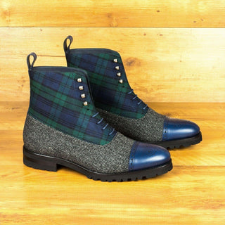 Ambrogio Handmade Men's Handmade Custom Shoes Green, Black & Navy Fabric / Calf-Skin Leather Balmoral Boots (AMB1840)-AmbrogioShoes