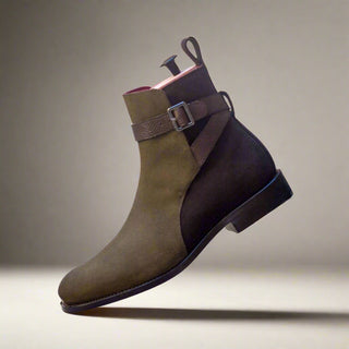 Ambrogio Handmade Men's Handmade Custom Shoes Khaki & Brown Suede / Pebble Grain Calf-Skin Leather Jodhpur Boots (AMB1453)-AmbrogioShoes