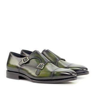 Ambrogio Handmade Men's Handmade Custom Shoes Khaki Green Patina Leather Monk-Straps Loafers (AMB1827)-AmbrogioShoes