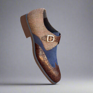 Ambrogio Handmade Men's Handmade Custom Shoes Multi Color Fabric / Crocodile Print / Suede / Calf-Skin Leather Monk Strap (AMB1394)-AmbrogioShoes