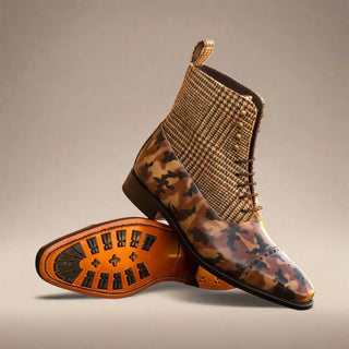 Ambrogio Handmade Men's Handmade Custom Shoes Multi-Color Fabric / Patina Leather Balmoral Boots (AMB1399)-AmbrogioShoes