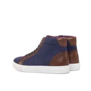 Ambrogio Handmade Men's Handmade Custom Shoes Navy & Brown Linen Fabric / Calf-Skin Leather High-Top Sneakers (AMB1835)-AmbrogioShoes
