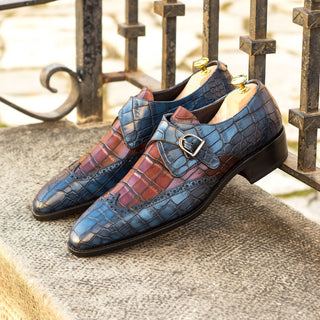 Ambrogio Handmade Men's Handmade Custom Shoes Navy & Burgundy Crocodile Print / Calf-Skin Leather Monk Strap (AMB1808)-AmbrogioShoes