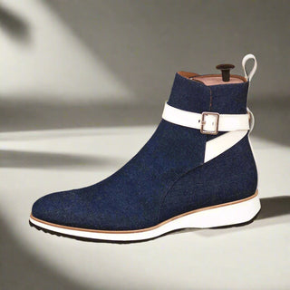 Ambrogio Handmade Men's Handmade Custom Shoes Navy & White Jeans / Calf-Skin Leather Jodhpur Boots (AMB1362)-AmbrogioShoes
