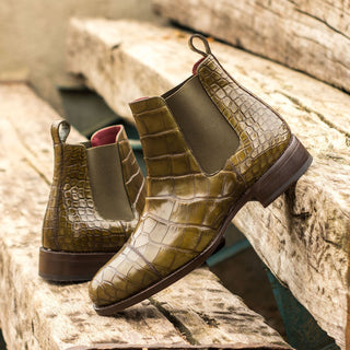 Ambrogio Handmade Men's Handmade Custom Shoes Olive Exotic Alligator Chelsea Boots (AMB1821)-AmbrogioShoes