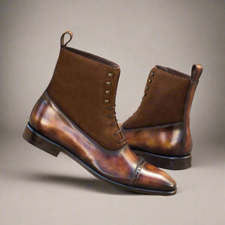 Ambrogio Handmade Men's Handmade Custom Shoes Orange Fire & Brown Suede / Patina Leather Balmoral Boots (AMB1794)-AmbrogioShoes