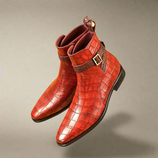 Ambrogio Handmade Men's Handmade Custom Shoes Red & Burgundy Crocodile Print / Calf-Skin Leather Jodhpur Boots (AMB1706)-AmbrogioShoes