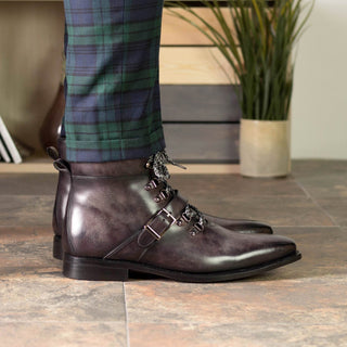 Ambrogio Handmade Men's Shoes Aubergine Patina Leather Hiking Boots (AMB2373)-AmbrogioShoes