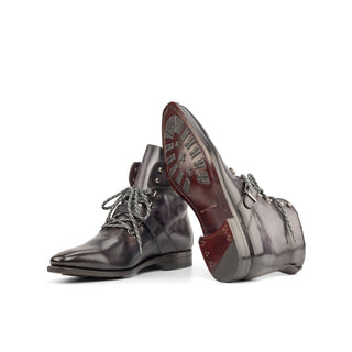 Ambrogio Handmade Men's Shoes Aubergine Purple Patina Leather Hiking Boots (AMB2255)-AmbrogioShoes