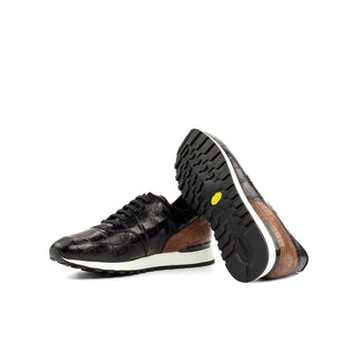 Ambrogio Handmade Men's Shoes Black & Brown Exotic Alligator Casual Jogger Sneakers (AMB2284)-AmbrogioShoes
