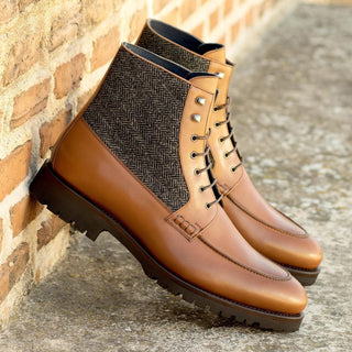 Ambrogio Handmade Men's Shoes Black & Brown Herringbone Fabric / Calf-Skin Leather Mocassin Boots (AMB2264)-AmbrogioShoes