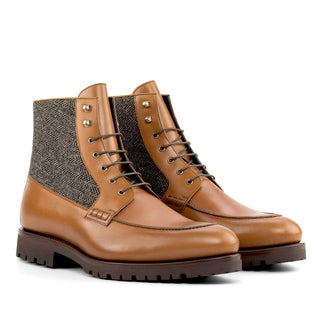 Ambrogio Handmade Men's Shoes Black & Brown Herringbone Fabric / Calf-Skin Leather Mocassin Boots (AMB2264)-AmbrogioShoes