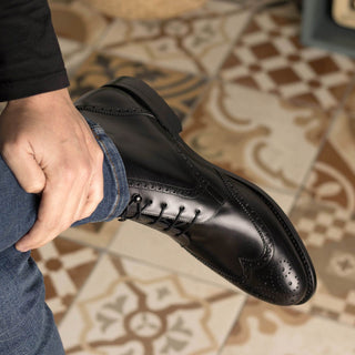 Ambrogio Handmade Men's Shoes Black Calf-Skin Leather Military Wingtip Boots (AMB2403)-AmbrogioShoes