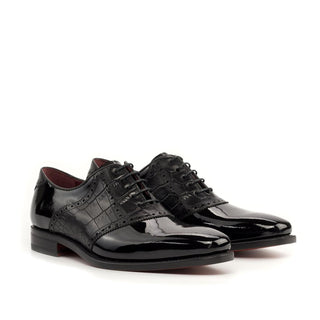 Ambrogio Handmade Men's Shoes Black Crocodile Print / Patent Leather Formal Saddle Oxfords (AMB2285)-AmbrogioShoes