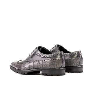 Ambrogio Handmade Men's Shoes Black & Gray Crocodile Print / Calf-Skin Leather Wingtip Derby (AMB2271)-AmbrogioShoes