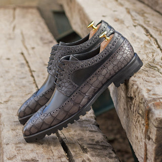 Ambrogio Handmade Men's Shoes Black & Gray Crocodile Print / Calf-Skin Leather Wingtip Derby (AMB2271)-AmbrogioShoes