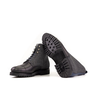 Ambrogio Handmade Men's Shoes Black & Gray Flannel Fabric / Full Grain Leather Jumper Boots (AMB2410)-AmbrogioShoes