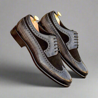 Ambrogio Handmade Men's Shoes Black & Gray Suede / Patina Leather Longwing Blucher Oxfords (AMB2342)-AmbrogioShoes