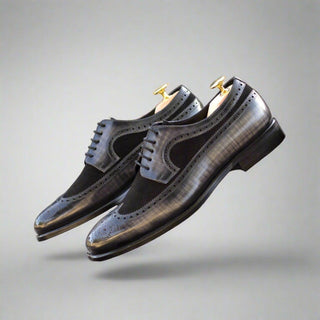 Ambrogio Handmade Men's Shoes Black & Gray Suede / Patina Leather Longwing Blucher Oxfords (AMB2342)-AmbrogioShoes