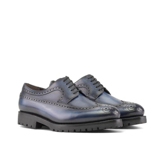 Ambrogio Handmade Men's Shoes Blue Calf-Skin Leather Long wingtip Derby (AMB2384)-AmbrogioShoes