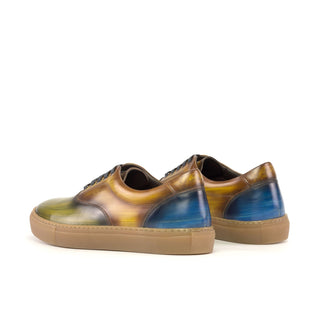 Ambrogio Handmade Men's Shoes Blue, Green & Cognac Patina Leather Casual Sneakers (AMB2338)-AmbrogioShoes